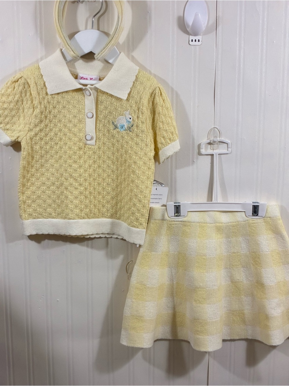 Little Lass Yellow and White Knit Polo Top with Matching Check Skirt